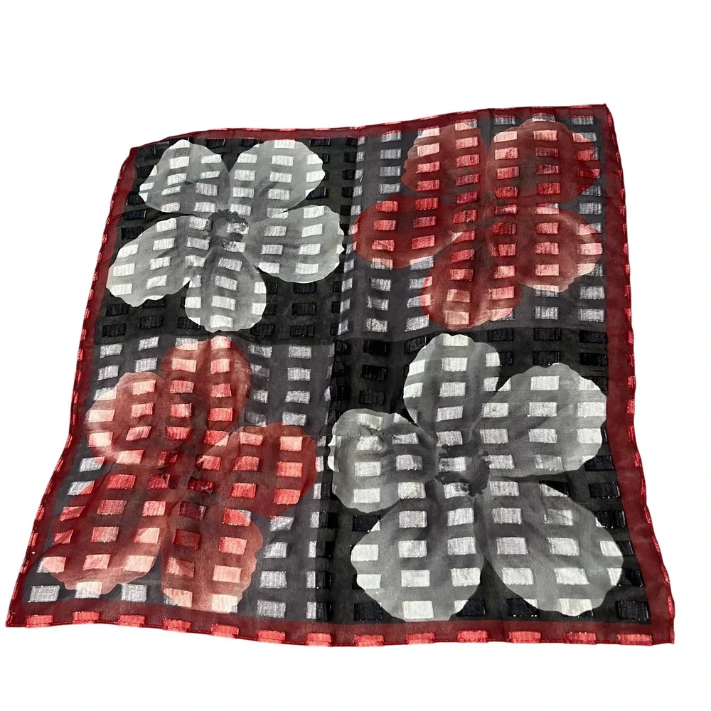 Vintage Floral Sheer Square Scarf Red Black White Geometric Metallic‎ Accent 21